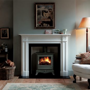 Chesneys Beaumont 8 series multi-fuel stove in Sage Green with the Langley fireplace