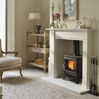 Chesneys Salisbury 5WS series wood burning stove in Black Anthracite with the Devonshire fireplace