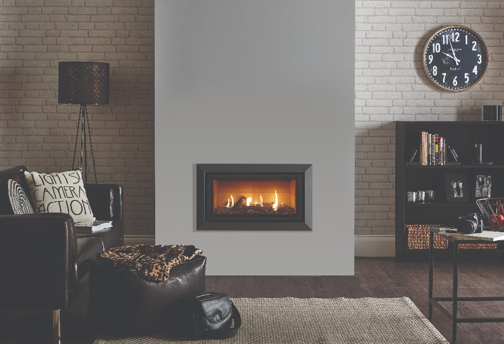 Stovax & Gazco Studio 1 gas fire with Bauhaus frame, anthracite finish, log effect and vermiculite lining
