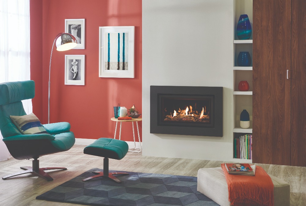 Stovax & Gazco Studio 1 gas fire Expression frame, driftwood effect and black glass lining
