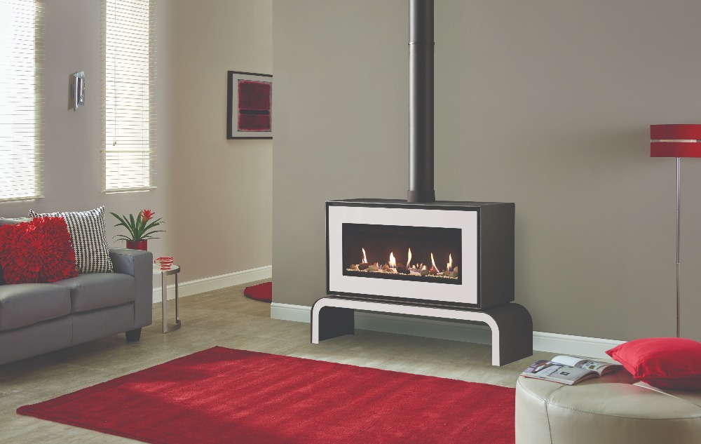 Stovax & Gazco Studio 2 freestanding gas fire, white finish, pebbles and stones effect, black reeded lining and matching bench