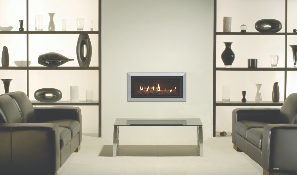 Stovax & Gazco Studio 2 gas fire with Bauhaus frame, polished stainless steel finish, log-effect and black reeded lining