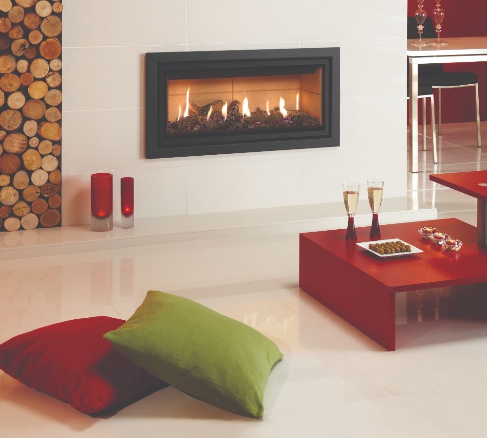 Stovax & Gazco Studio 2 gas fire Profil frame, anthracite finish, log-effect and vermiculite lining