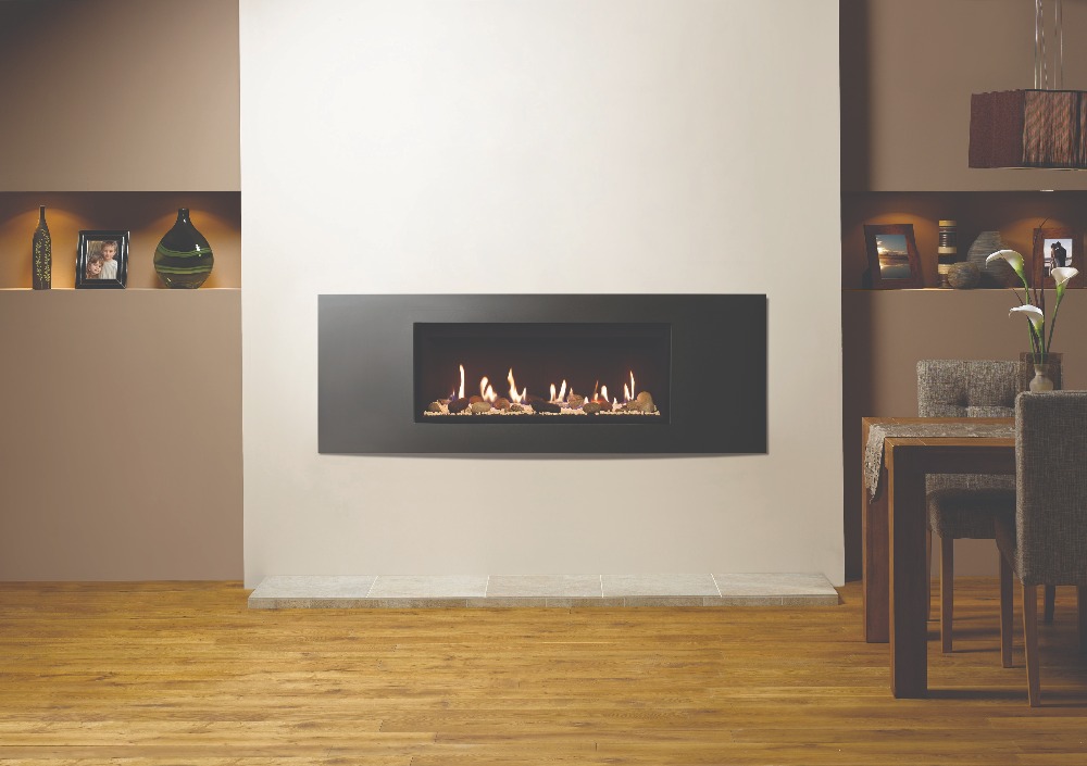 Stovax & Gazco Studio 2 gas fire Verve frame, pebble and stone effect and black reeded lining