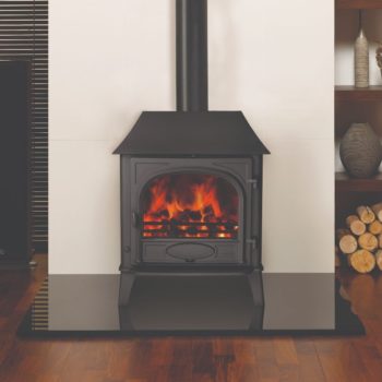Stovax & Gazco Stockton 8 wood burning stove in matt black with low canopy and single door