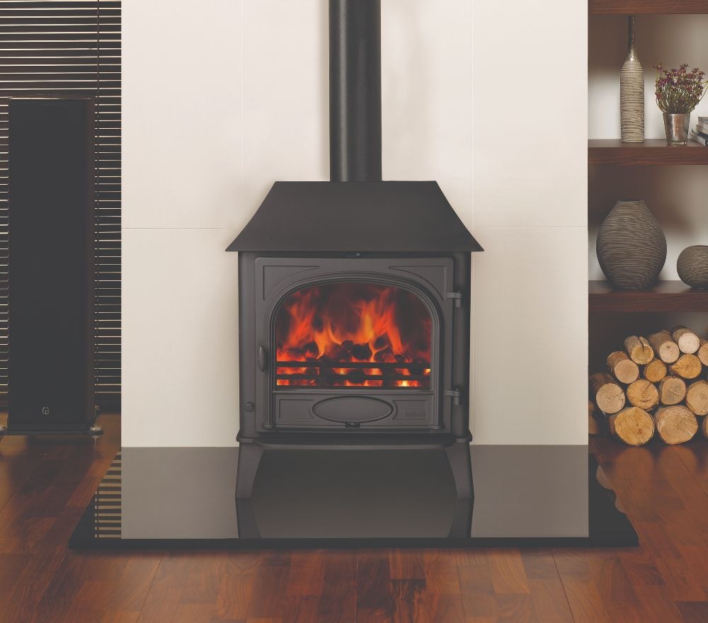 Stovax & Gazco Stockton 8 wood burning stove in matt black with low canopy and single door