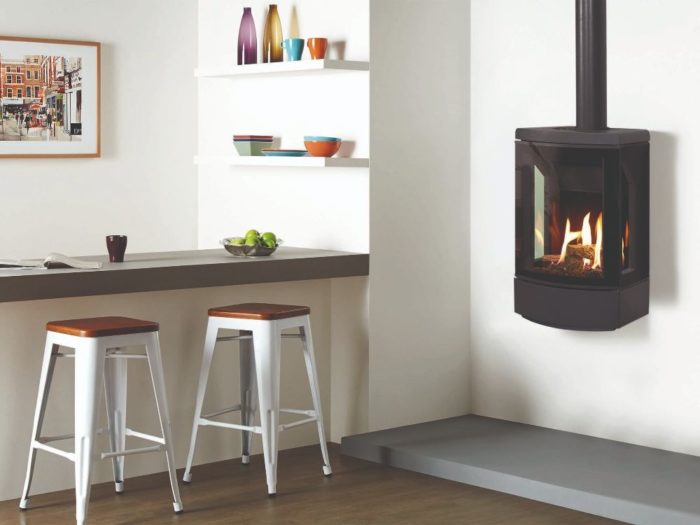 Stovax & Gazco Loft wall mounted gas stove with decorative flue